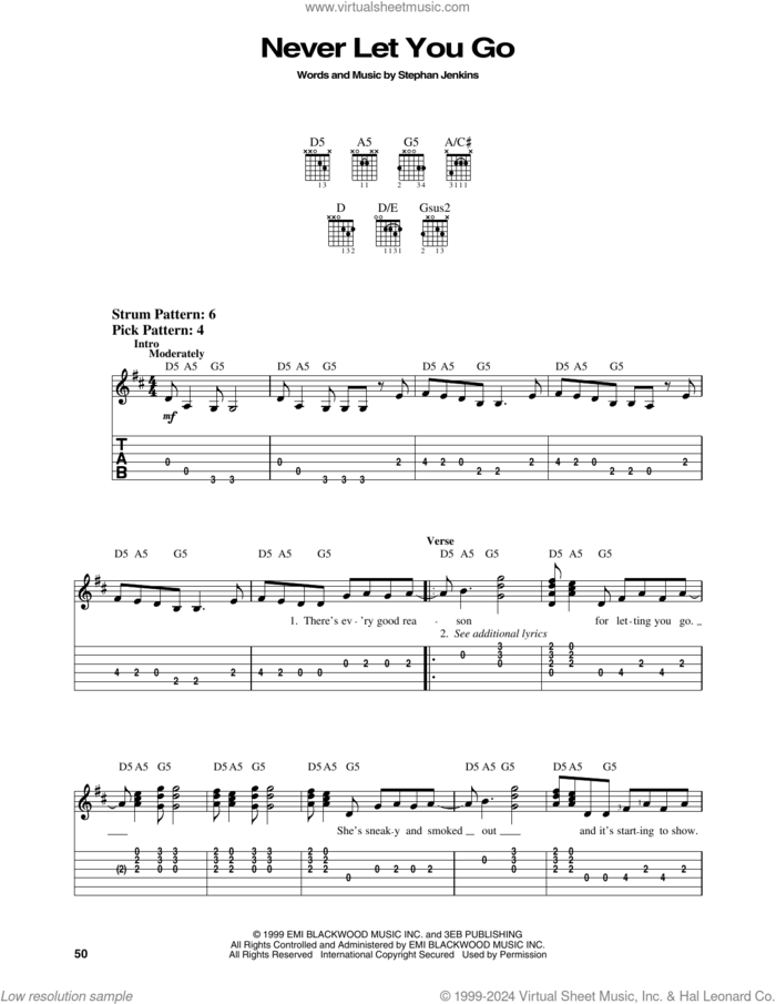 Never Let You Go sheet music for guitar solo (easy tablature) by Third Eye Blind and Stephan Jenkins, easy guitar (easy tablature)