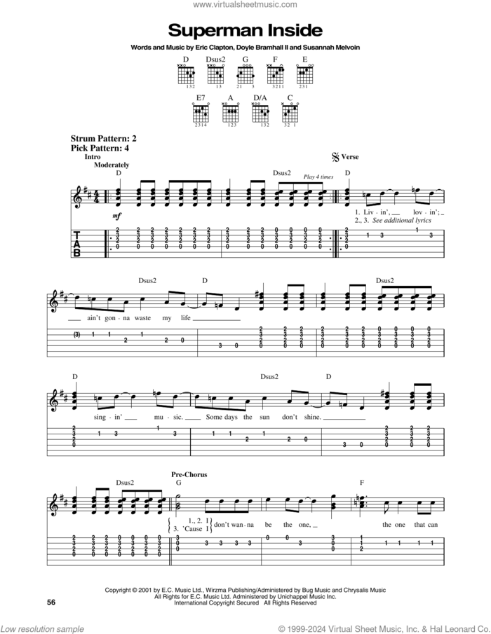Superman Inside sheet music for guitar solo (easy tablature) by Eric Clapton, Doyle Bramhall and Susannah Melvoin, easy guitar (easy tablature)