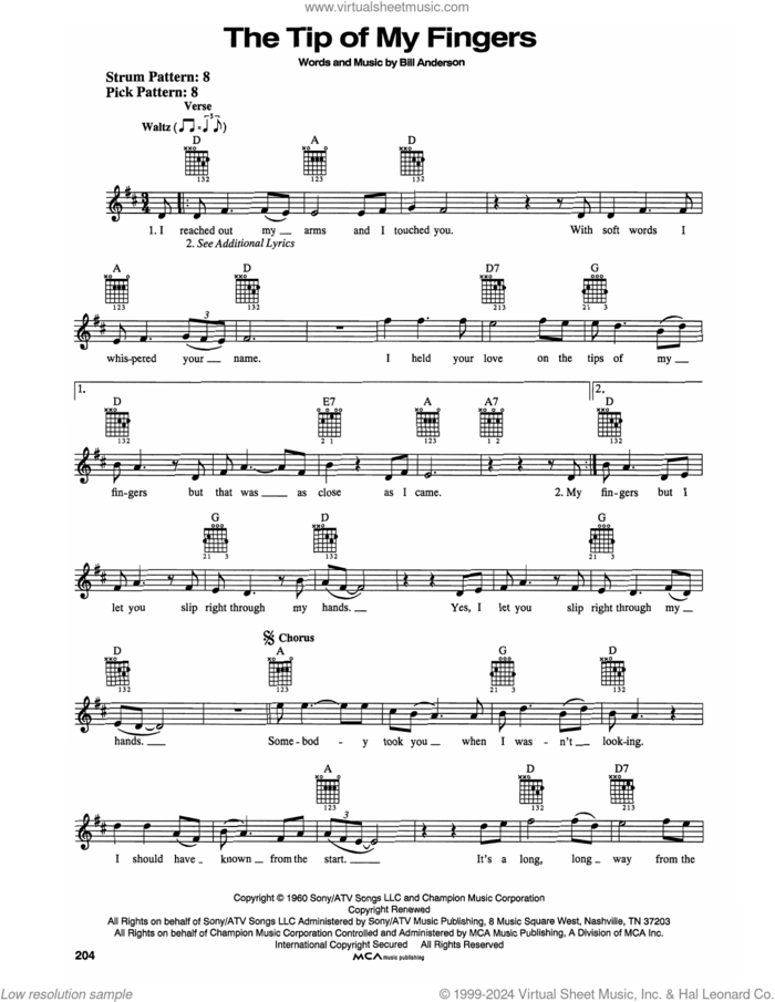 The Tip Of My Fingers sheet music for guitar solo (chords) by Eddy Arnold and Bill Anderson, easy guitar (chords)
