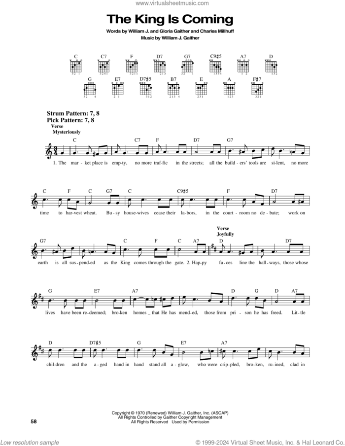 The King Is Coming sheet music for guitar solo (chords) by Gloria Gaither, Charles Millhuff and William J. Gaither, easy guitar (chords)
