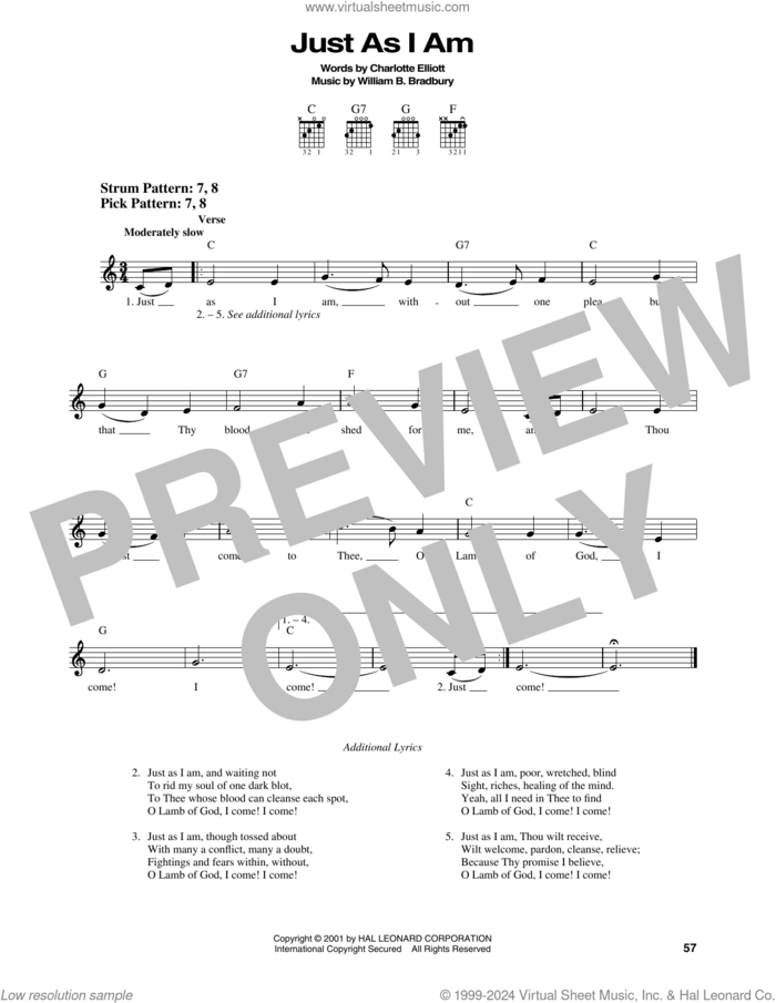 Just As I Am sheet music for guitar solo (chords) by William B. Bradbury and Charlotte Elliott, easy guitar (chords)