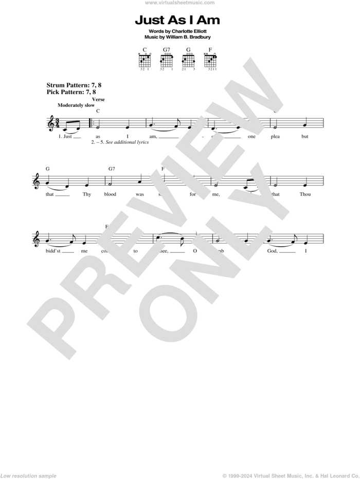 Just As I Am sheet music for guitar solo (chords) by William B. Bradbury and Charlotte Elliott, easy guitar (chords)