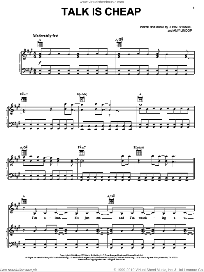 Talk Is Cheap sheet music for voice, piano or guitar by Miley Cyrus, Amy Lindop and John Shanks, intermediate skill level
