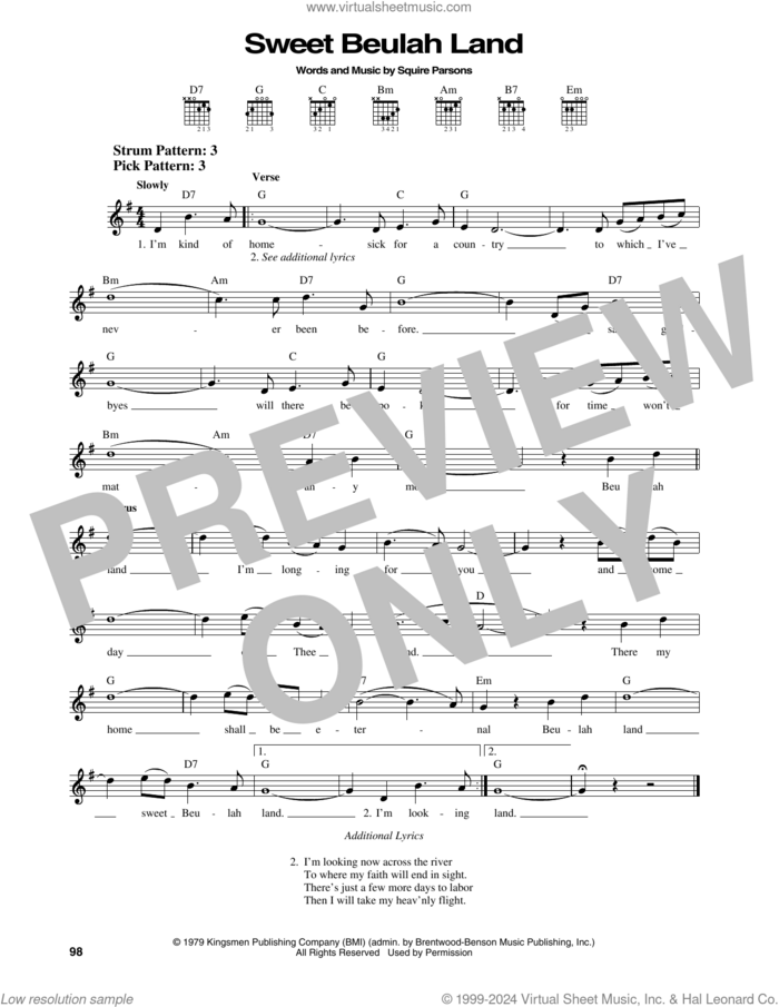 Sweet Beulah Land sheet music for guitar solo (chords) by Squire Parsons, easy guitar (chords)