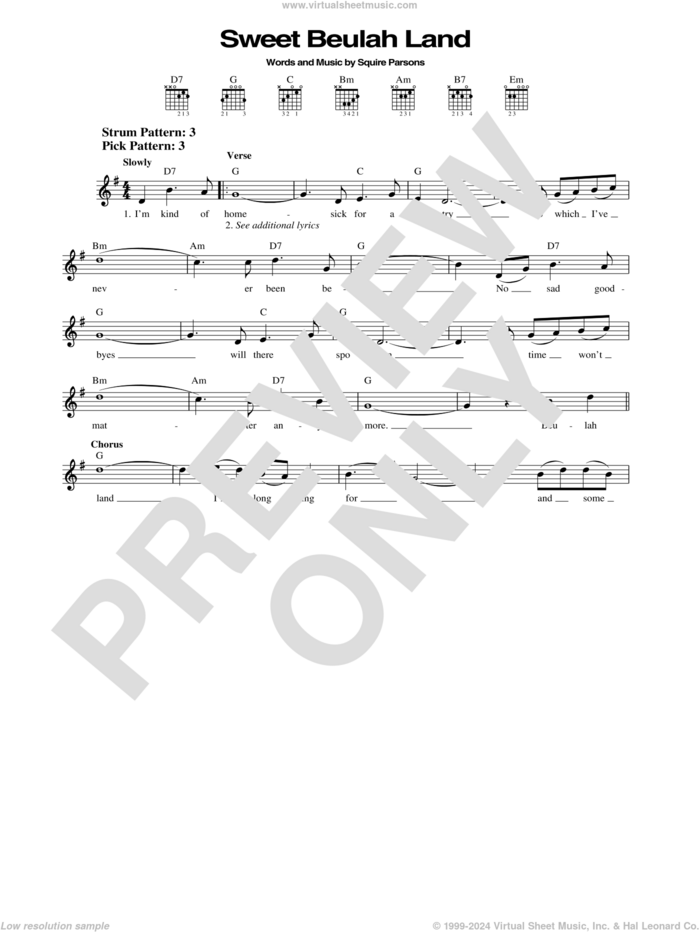 Sweet Beulah Land sheet music for guitar solo (chords) by Squire Parsons, easy guitar (chords)