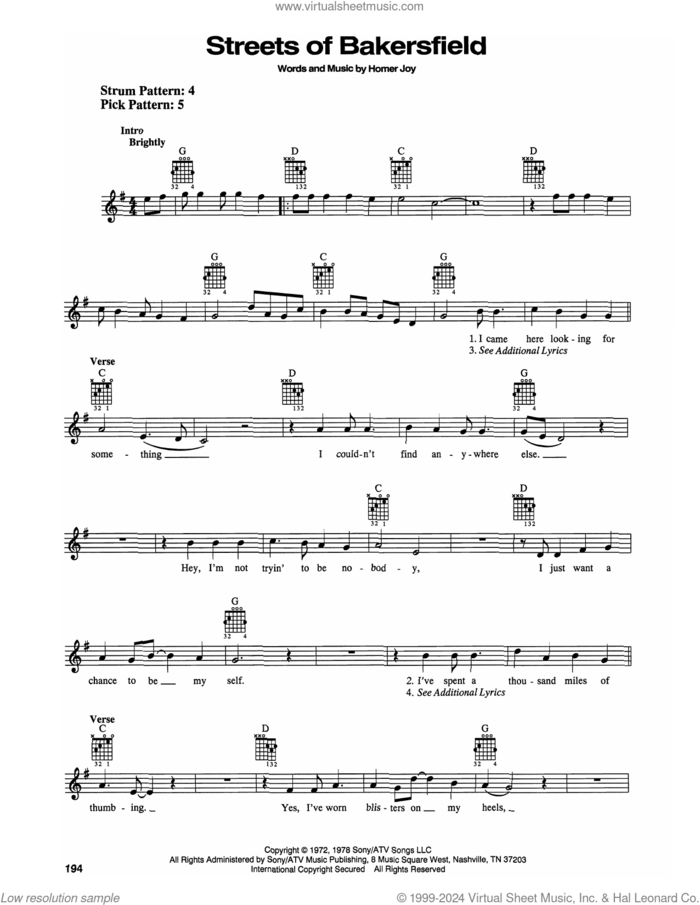 Streets Of Bakersfield sheet music for guitar solo (chords) by Dwight Yoakam & Buck Owens and Homer Joy, easy guitar (chords)