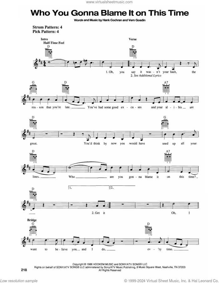 Who You Gonna Blame It On This Time sheet music for guitar solo (chords) by Vern Gosdin and Hank Cochran, easy guitar (chords)
