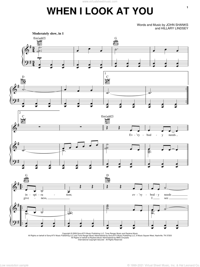 When I Look At You sheet music for voice, piano or guitar by Miley Cyrus, The Last Song (Movie), Hillary Lindsey and John Shanks, intermediate skill level