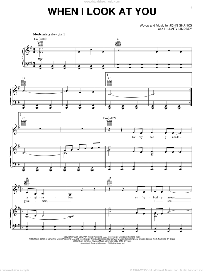 When I Look At You sheet music for voice, piano or guitar by Miley Cyrus, The Last Song (Movie), Hillary Lindsey and John Shanks, intermediate skill level