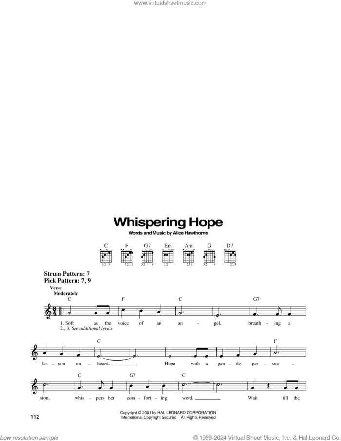 Whispering Hope sheet music for guitar solo (chords) by Alice Hawthorne and Septimus Winner, easy guitar (chords)