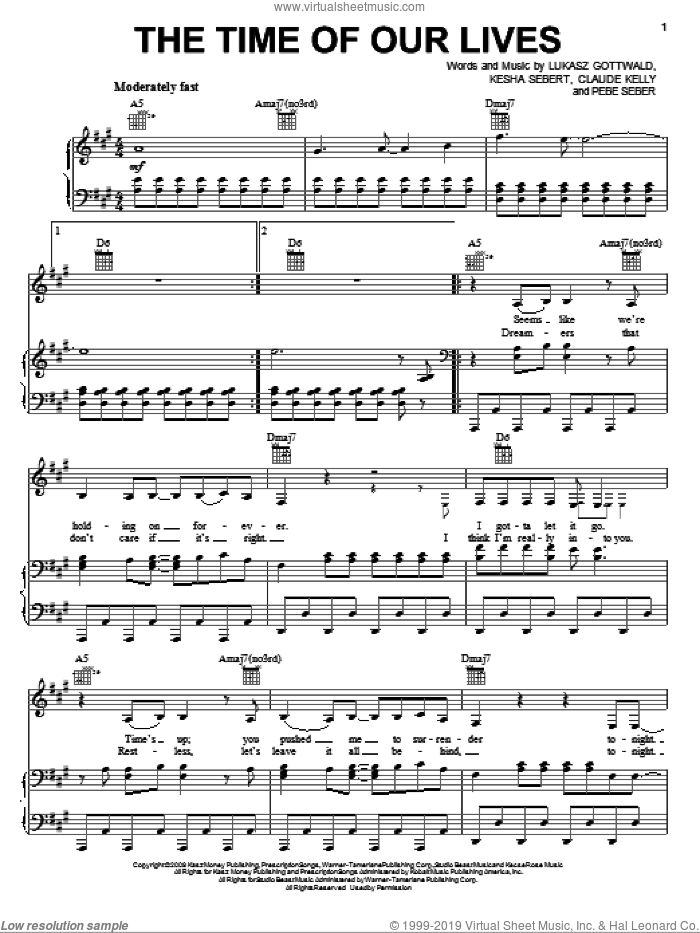 The Time Of Our Lives sheet music for voice, piano or guitar by Miley Cyrus, Claude Kelly, Kesha Sebert, Lukasz Gottwald and Pebe Seber, intermediate skill level