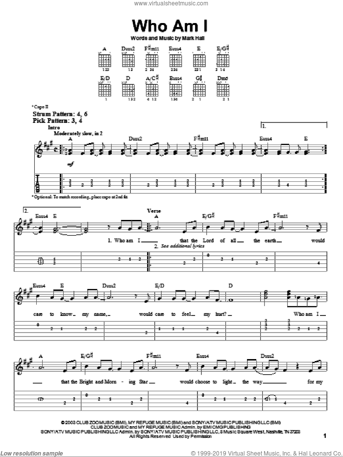 Who Am I sheet music for guitar solo (easy tablature) by Casting Crowns and Mark Hall, easy guitar (easy tablature)