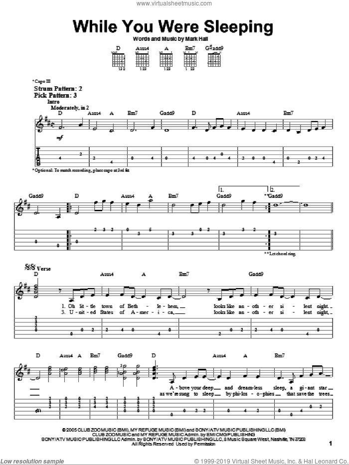 While You Were Sleeping sheet music for guitar solo (easy tablature) by Casting Crowns and Mark Hall, easy guitar (easy tablature)