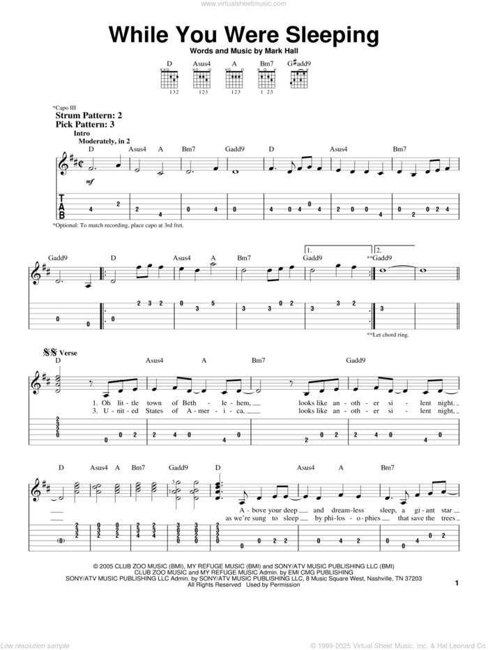 While You Were Sleeping sheet music for guitar solo (easy tablature) by Casting Crowns and Mark Hall, easy guitar (easy tablature)
