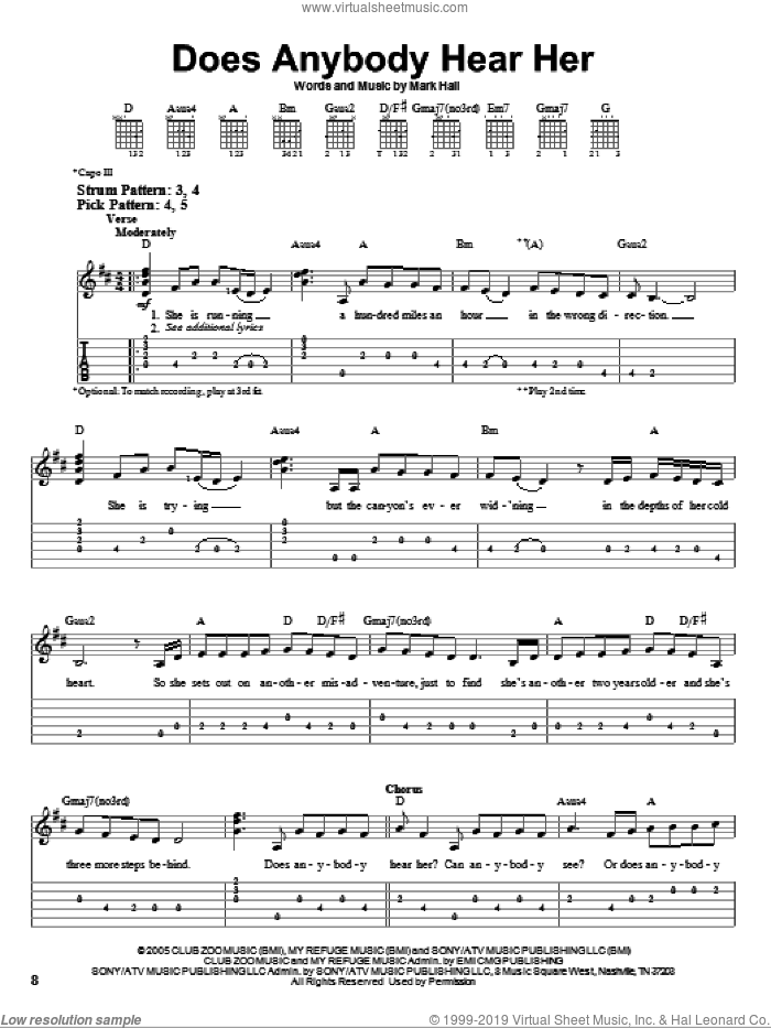 Does Anybody Hear Her sheet music for guitar solo (easy tablature) by Casting Crowns and Mark Hall, easy guitar (easy tablature)