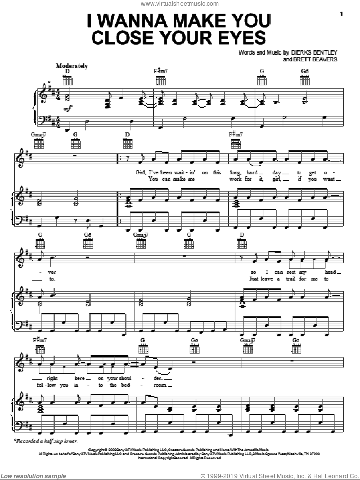 I Wanna Make You Close Your Eyes sheet music for voice, piano or guitar by Dierks Bentley and Brett Beavers, intermediate skill level