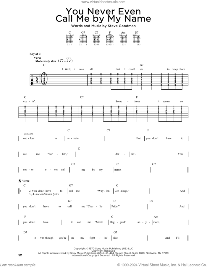 You Never Even Call Me By My Name sheet music for guitar solo by Steve Goodman, intermediate skill level