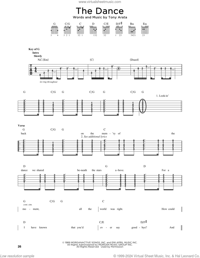 The Dance sheet music for guitar solo by Garth Brooks and Tony Arata, intermediate skill level