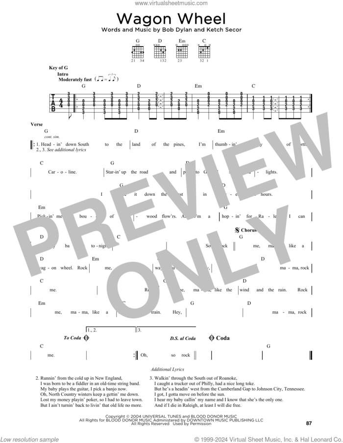 Wagon Wheel sheet music for guitar solo (chart) by Old Crow Medicine Show, Bob Dylan and Ketch Secor, easy guitar (chart)