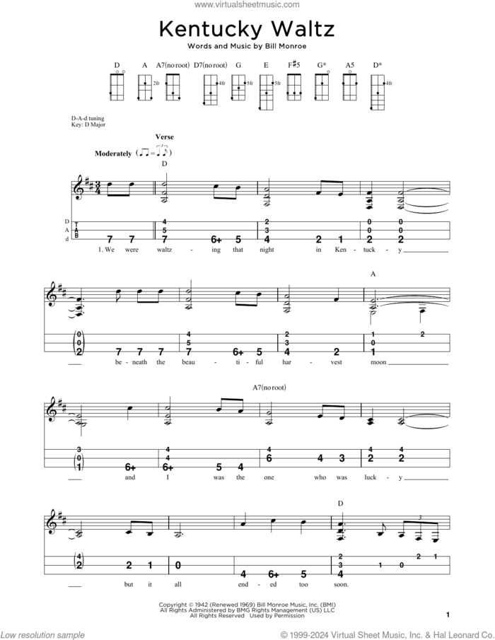Kentucky Waltz sheet music for dulcimer solo by Eddy Arnold, Steven B. Eulberg and Bill Monroe, intermediate skill level