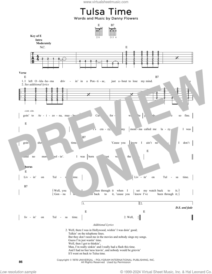 Tulsa Time sheet music for guitar solo by Don Williams, Eric Clapton and Danny Flowers, intermediate skill level