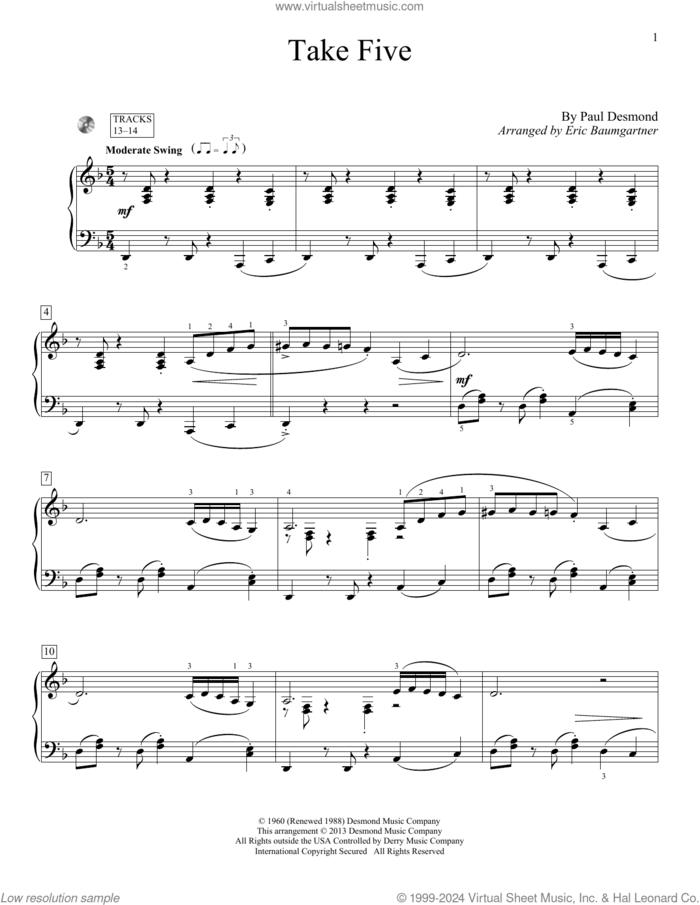Take Five (arr. Eric Baumgartner) sheet music for piano solo (elementary) by Paul Desmond and Eric Baumgartner, beginner piano (elementary)