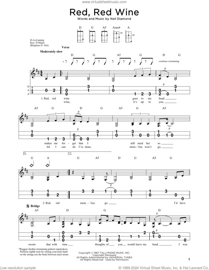 Red, Red Wine sheet music for dulcimer solo by Neil Diamond, intermediate skill level