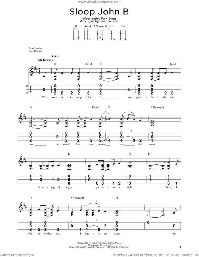 Sloop John B sheet music for dulcimer solo by The Beach Boys, Brian Wilson and West Indies Folk Song, intermediate skill level