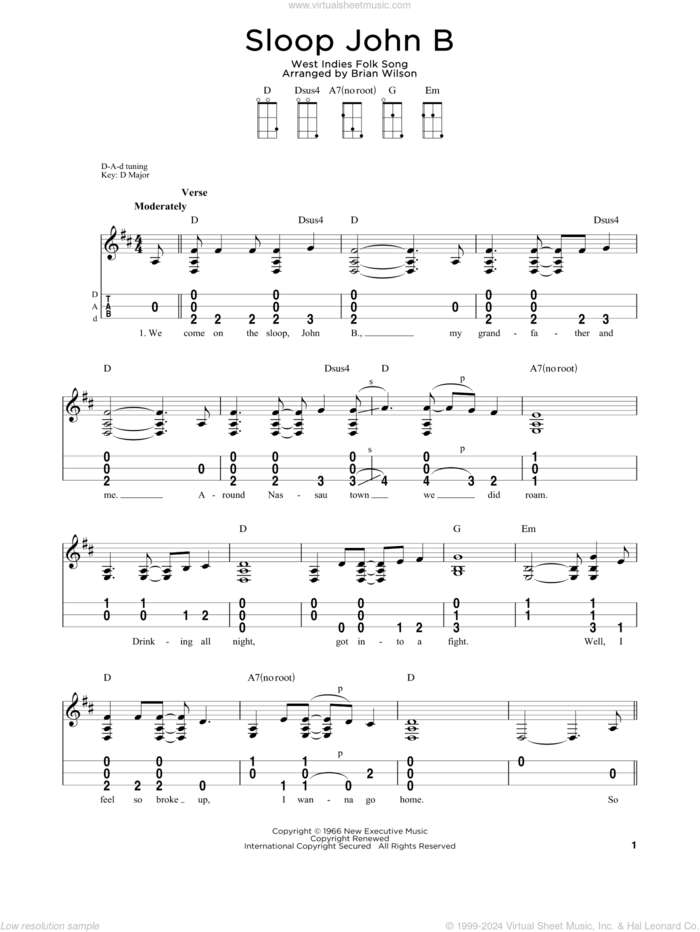 Sloop John B sheet music for dulcimer solo by The Beach Boys, Brian Wilson and West Indies Folk Song, intermediate skill level