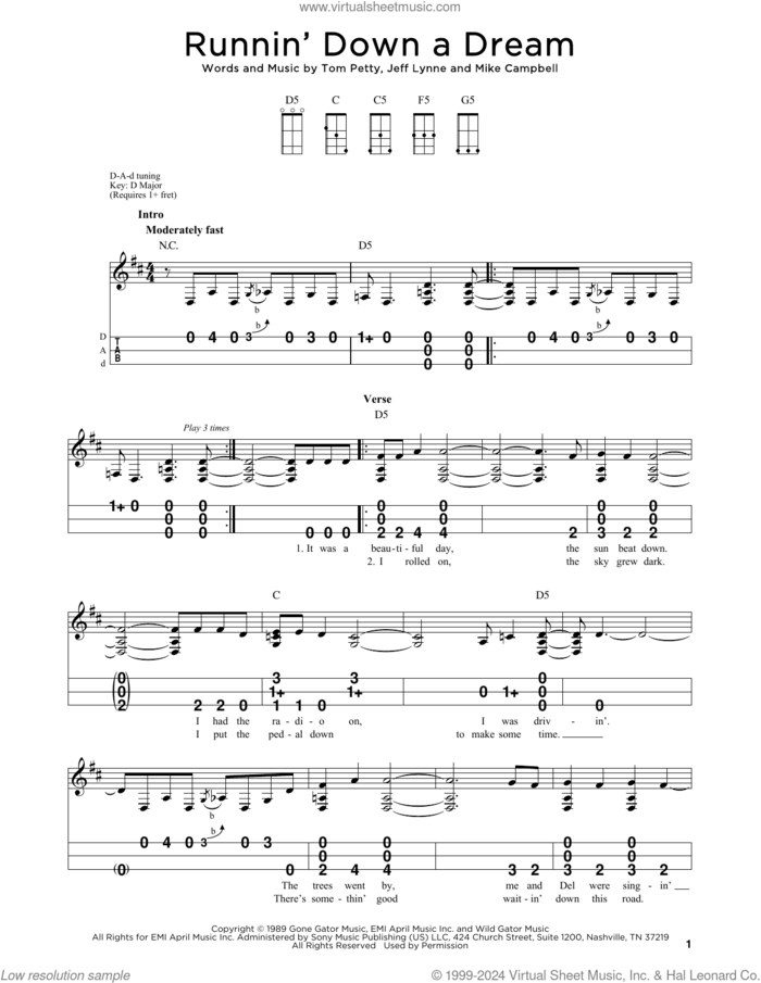 Runnin' Down A Dream sheet music for dulcimer solo by Tom Petty, Jeff Lynne and Mike Campbell, intermediate skill level