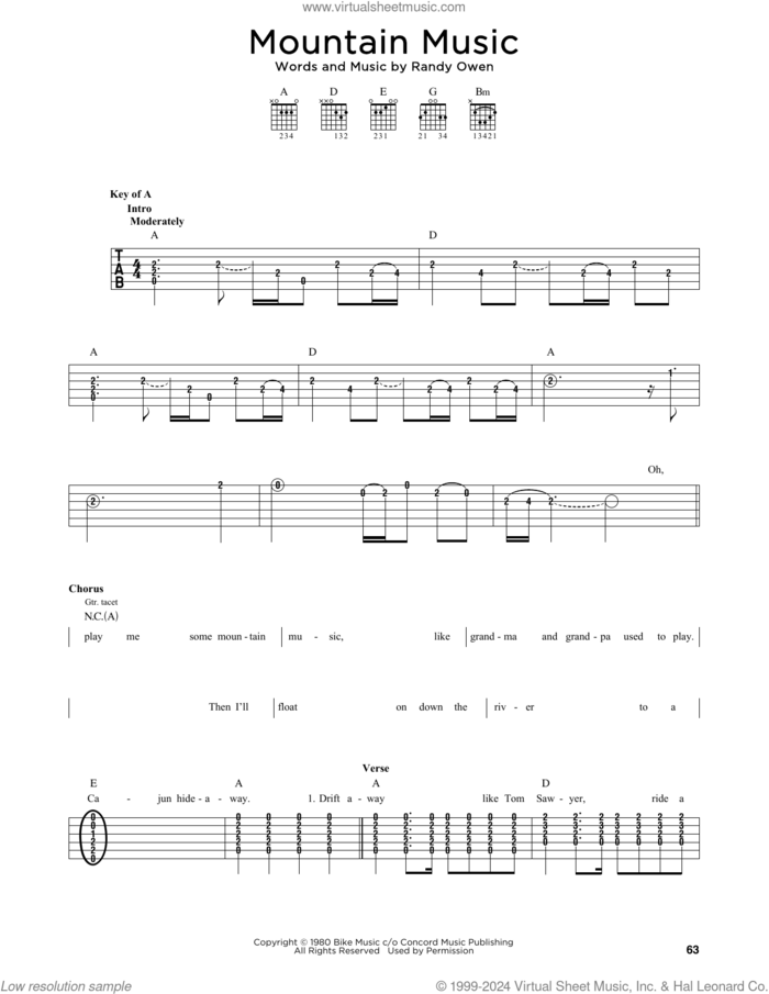 Mountain Music sheet music for guitar solo by Alabama and Randy Owen, intermediate skill level