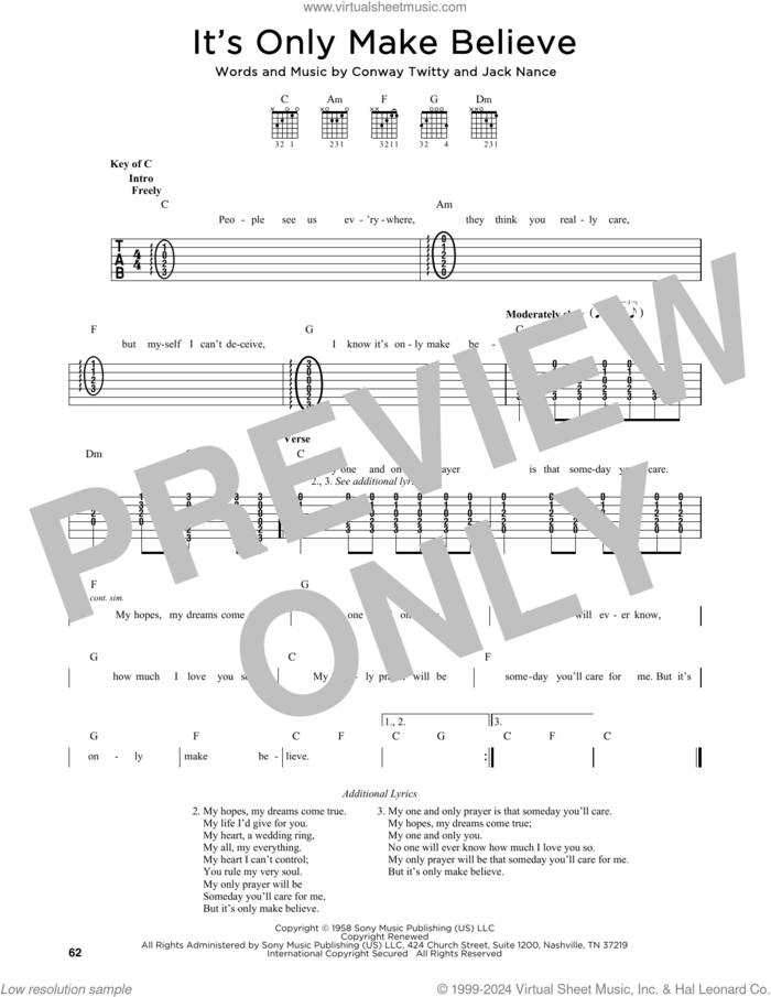 It's Only Make Believe sheet music for guitar solo by Conway Twitty, Glen Campbell and Jack Nance, intermediate skill level