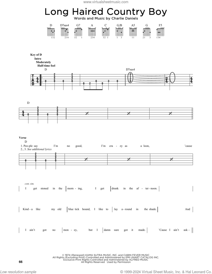 Long Haired Country Boy sheet music for guitar solo by The Charlie Daniels Band and Charlie Daniels, intermediate skill level