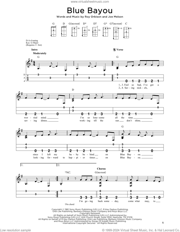 Blue Bayou sheet music for dulcimer solo by Roy Orbison, Steven B. Eulberg, Linda Ronstadt and Joe Melson, intermediate skill level
