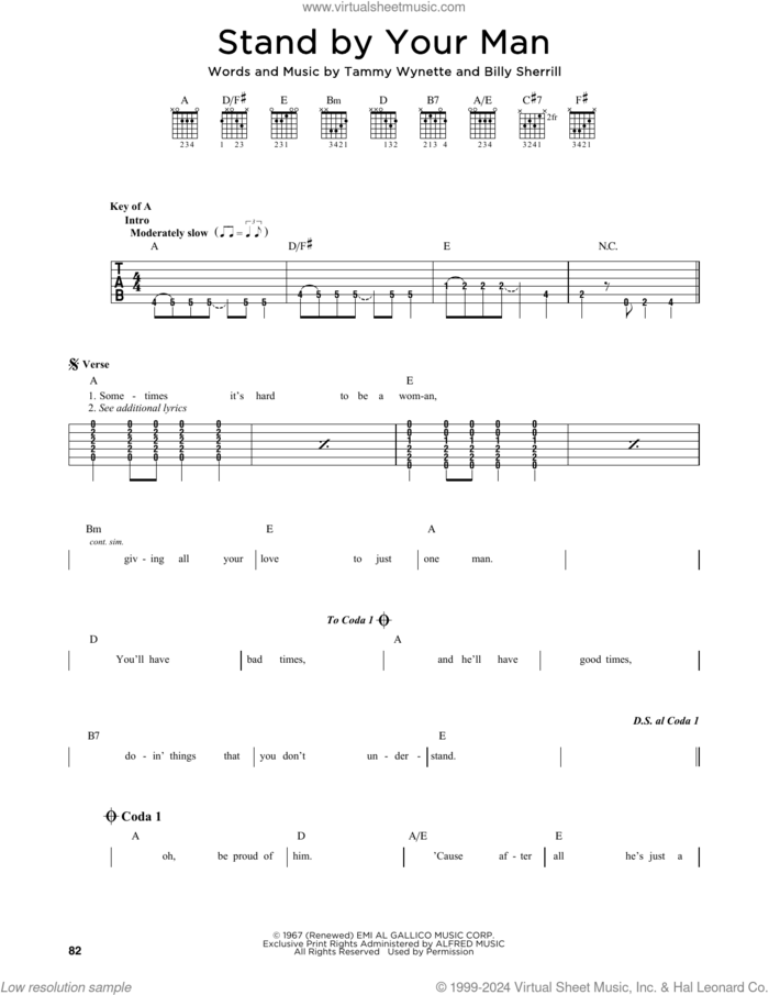 Stand By Your Man sheet music for guitar solo by Tammy Wynette and Billy Sherrill, intermediate skill level