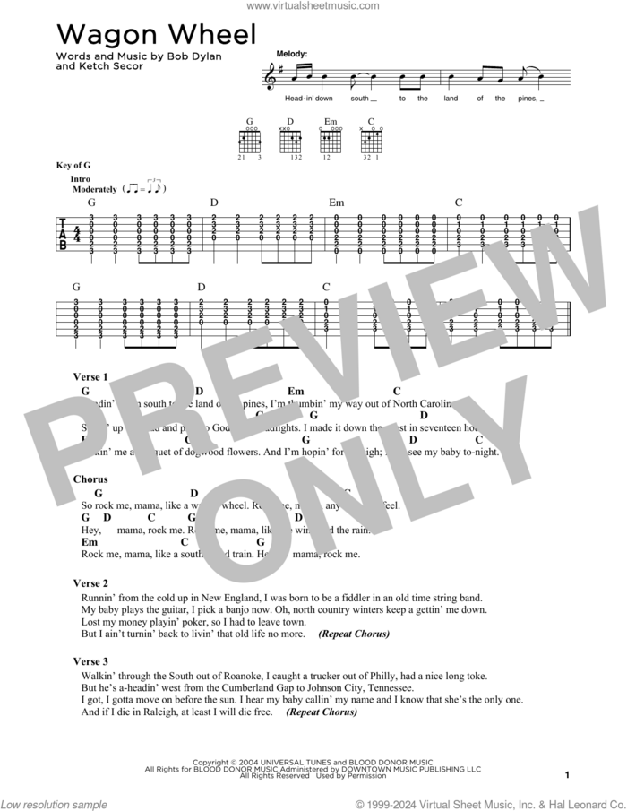 Wagon Wheel sheet music for guitar solo (chart) by Old Crow Medicine Show, Bob Dylan and Ketch Secor, easy guitar (chart)