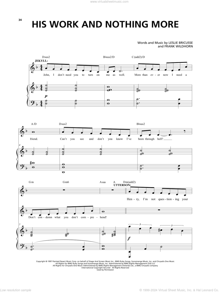 His Work And Nothing More (from Jekyll and Hyde) (2013 Revival Version) sheet music for voice and piano by Frank Wildhorn & Leslie Bricusse, Frank Wildhorn and Leslie Bricusse, intermediate skill level