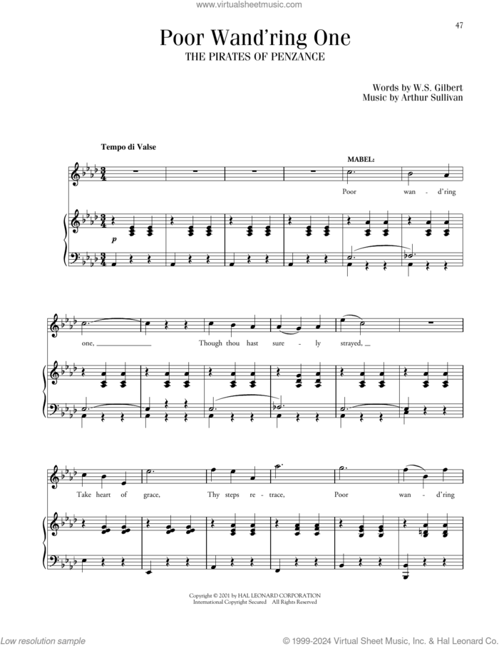 Poor Wand'ring One (from The Pirates Of Penzance) sheet music for voice and piano by Gilbert & Sullivan, Richard Walters, Arthur Sullivan and William S. Gilbert, classical score, intermediate skill level
