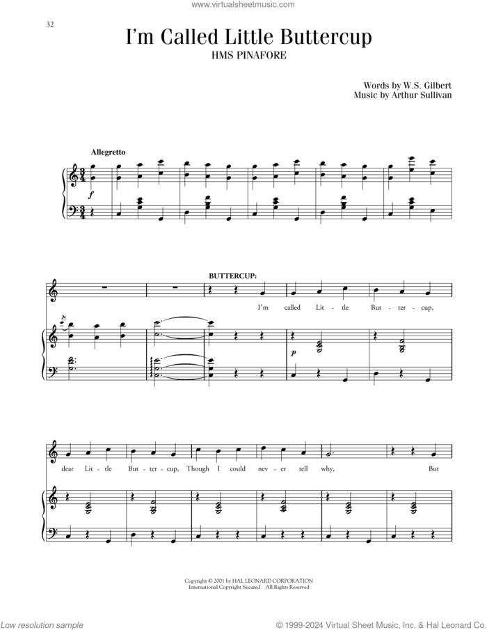 (I'm Called) Little Buttercup sheet music for voice and piano by Gilbert & Sullivan, Richard Walters, Arthur Sullivan and William S. Gilbert, classical score, intermediate skill level