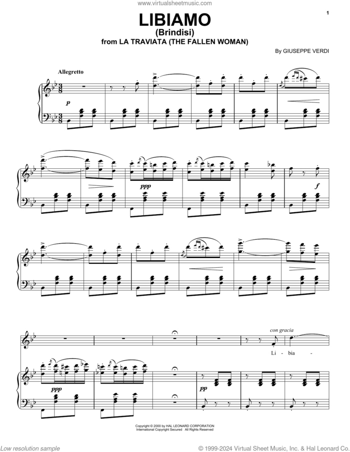 Libiamo (Brindisi) sheet music for voice and piano by Giuseppe Verdi, classical score, intermediate skill level