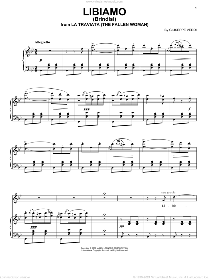 Libiamo (Brindisi) sheet music for voice and piano by Giuseppe Verdi, classical score, intermediate skill level