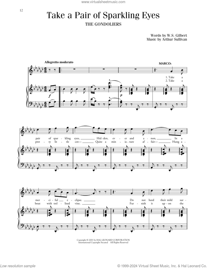 Take A Pair Of Sparkling Eyes sheet music for voice and piano by Gilbert & Sullivan, Richard Walters, Arthur Sullivan and William S. Gilbert, classical score, intermediate skill level
