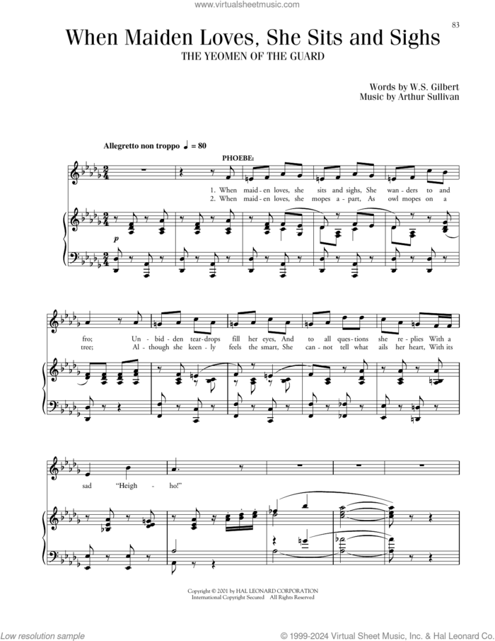When Maiden Loves, She Sits And Sighs sheet music for voice and piano by Gilbert & Sullivan, Richard Walters, Arthur Sullivan and William S. Gilbert, classical score, intermediate skill level