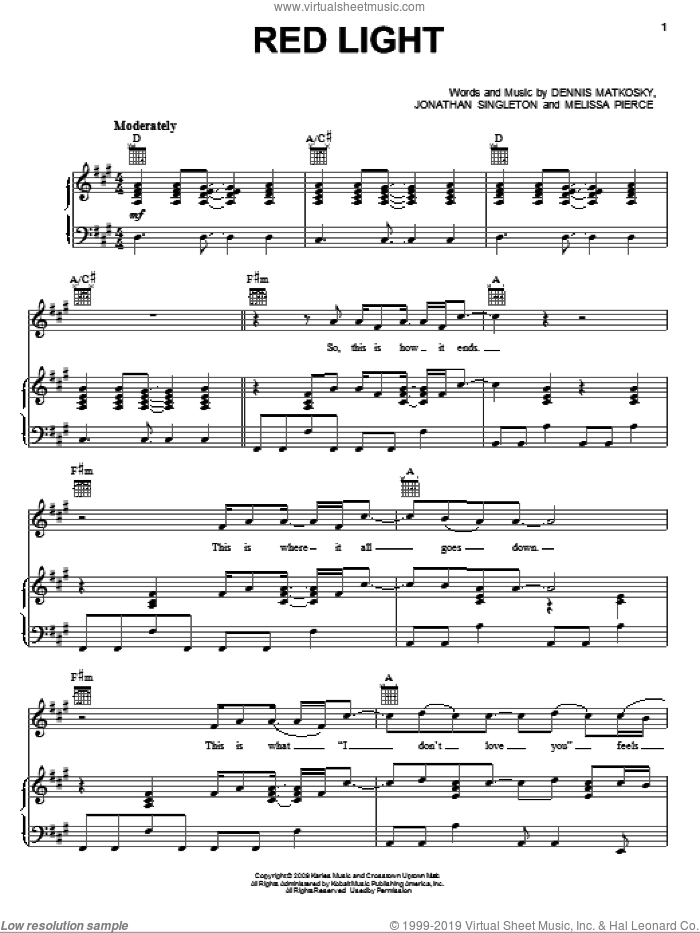 Red Light sheet music for voice, piano or guitar by David Nail, Dennis Matkosky, Jonathan Singleton and Melissa Pierce, intermediate skill level