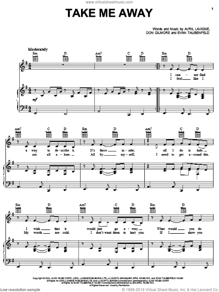 Take Me Away sheet music for voice, piano or guitar by Avril Lavigne, Don Gilmore and Evan Taubenfeld, intermediate skill level
