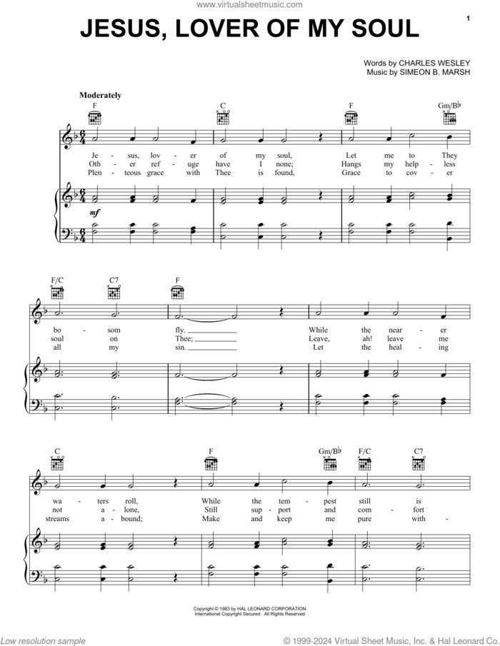 Jesus, Lover Of My Soul sheet music for voice, piano or guitar by Charles Wesley and Simeon B. Marsh, intermediate skill level