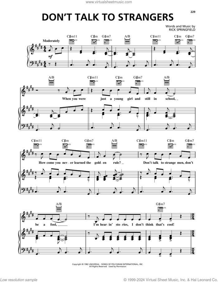 Don't Talk To Strangers sheet music for voice, piano or guitar by Rick Springfield, intermediate skill level