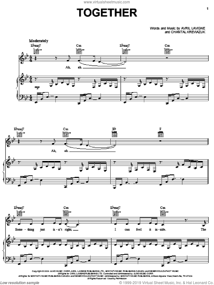 Together sheet music for voice, piano or guitar by Avril Lavigne and Chantal Kreviazuk, intermediate skill level