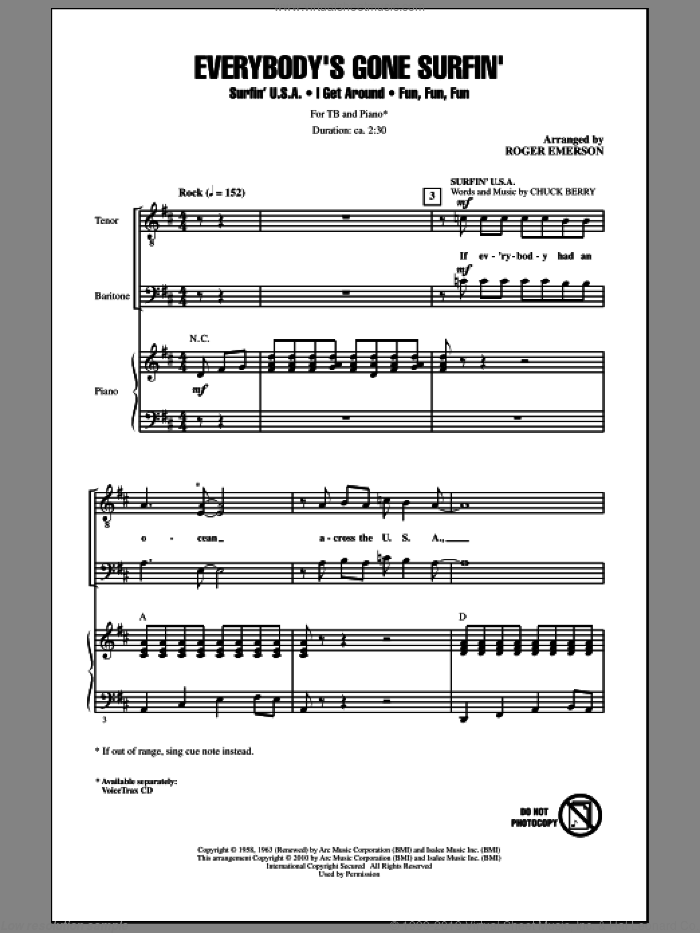 Everybody's Gone Surfin' sheet music for choir (TB: tenor, bass) by Roger Emerson, intermediate skill level