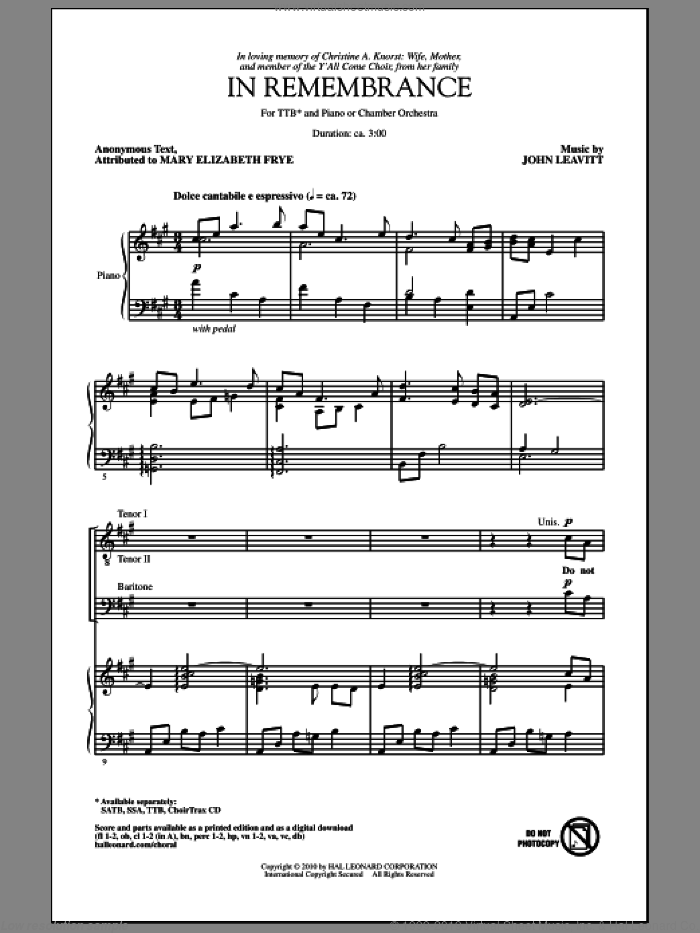 In Remembrance sheet music for choir (TTBB: tenor, bass) by John Leavitt and Mary Elizabeth Frye, intermediate skill level